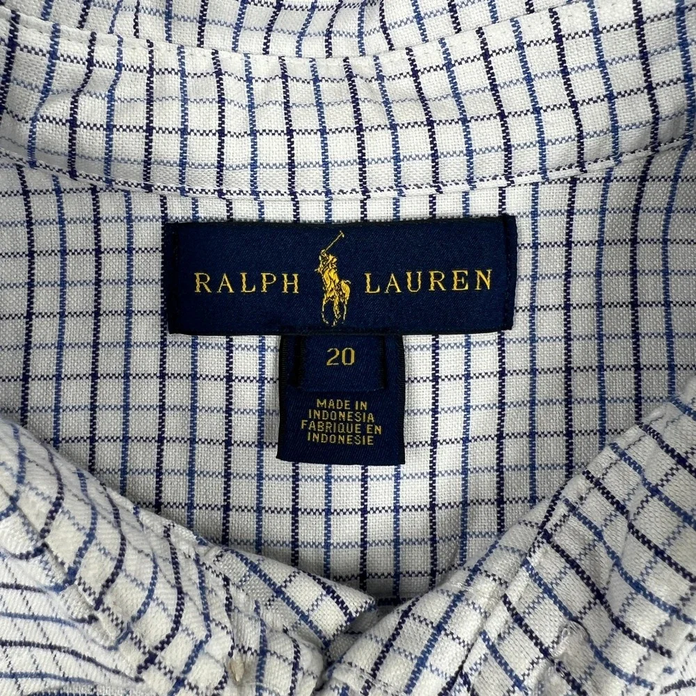 Ralph Lauren Button Down Shirt Boys 20 White Blue Grid Check Cotton Preppy